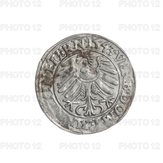 groschen, Stoltz, Michael (fl. ca. 1540-1555), Frederick II (Duke of Brzeg-Legnica; 1480-1547), eagles, Frederick II (Duke of Brzeg-Legnica; 1480-1547) - iconography, Silesian eagle, Piasts (family), busts, portraits, busts of the ruler, portraits of rulers, busts of the ruler to the right, Obv. Male bust turned right with beard and sideburns, in a coat with a wide collar, in the rim between the pearly borders the inscription +FR, IDGDVX.SLESI.LEG.BRE. Rv. Silesian Eagle, in the rim between the pearly borders the inscription VE, B.DOMI:M, .IN.ETERN. I543. 1543. Silesia, Duchy of Brzeg-Legnica-Wolów, Legnica. Coin; diameter 23.5 mm; weight 1.86 g; axis 50°.
