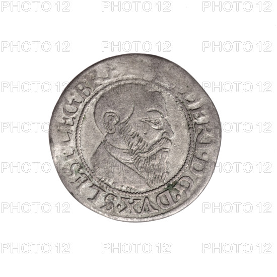 grosz; Stoltz, Michael (fl. ca. 1540–1555); Frederick II (Duke of Brzeg-Legnica; 1480–1547); eagles; Piasts (family); Silesian eagle; iconography of Frederick II; bust portrait of ruler turned right with beard and sideburns; wearing a coat with a wide collar; obverse rim inscription between pearly borders: DERI.DGDVX.SLESI.LEG.BRE; reverse Silesian eagle; reverse rim inscription between pearly borders: VERB.DO, ANET.IN., TERN.I543.; date: 1543; Silesia, Duchy of Brzeg-Legnica-Wolów, Legnica; coin; diameter 23.4 mm; weight 1.68 g; axis 180 degrees.