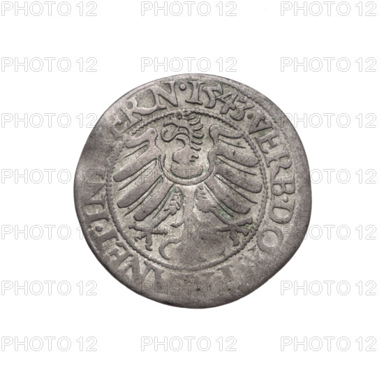 grosz; Stoltz, Michael (fl. ca. 1540–1555); Frederick II (Duke of Brzeg-Legnica; 1480–1547); eagles; Piasts (family); Silesian eagle; iconography of Frederick II; bust portrait of ruler turned right, with beard and sideburns, wearing a coat with a wide collar; obverse rim inscription: DERI.DGDVX.SLESI.LEG.BRE; reverse Silesian eagle; reverse rim inscription: VERB.DO, ANET.IN., TERN.I543.; date 1543; Silesia, Duchy of Brzeg-Legnica-Wolów, Legnica; coin; diameter 23.4 mm; weight 1.68 g; axis 180°.