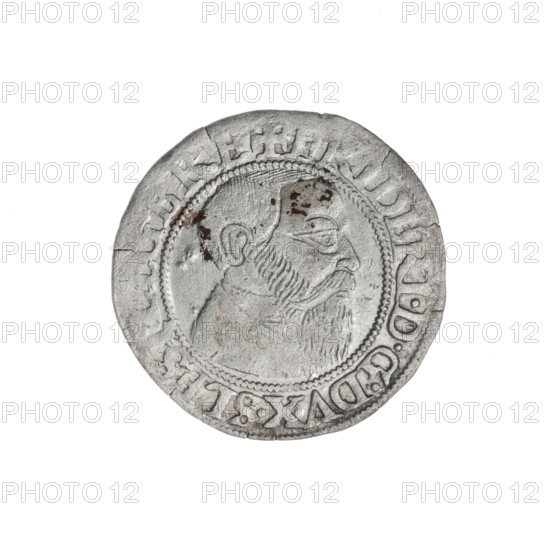 Obverse: Male bust turned right, with a beard and sideburns, in a coat with a wide collar; in the rim between the pearly borders the inscription '+FRIDERI.DGDVX.SLESI.LEG.BRE'. Reverse: Silesian eagle; in the rim between the pearly borders the inscription 'VERB.DOMI:MANET.IN.ETERN.' Date: 1543. Maker/attribution: Michael Stoltz (fl. ca. 1540–1555); subject: Frederick II, Duke of Brzeg–Legnica (1480–1547), Piast dynasty. Type: coin. Material: (not specified). Diameter: 23.0 mm. Weight: 1.88 g. Axis: 135°. Region: Silesia, Duchy of Brzeg–Legnica–Wolów (Legnica). Iconography: bust of ruler; Silesian eagle.