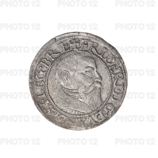Obverse: Male bust turned right, with a beard and sideburns, wearing a coat with a wide collar; in the rim between pearly borders the inscription “+FRIDERI.DGDVX.SLESI.LEG.BRE”. Reverse: Silesian eagle; in the rim between pearly borders the inscription “VERB.DOMI:MANET.IN.ETERN.I543.” Date: 1543. Maker/attribution: Michael Stoltz (fl. ca. 1540–1555). Subject: Frederick II, Duke of Brzeg-Legnica (1480–1547); Piast iconography. Type: coin. Place: Silesia, Duchy of Brzeg-Legnica-Wolów, Legnica. Diameter: 23.6 mm. Weight: 1.98 g. Axis: 310°.