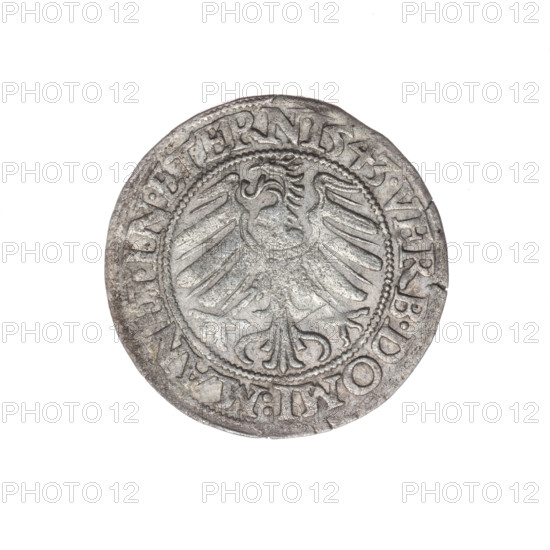 Grosz, Stoltz, Michael (fl. ca. 1540–1555). Coin depicting Frederick II (Duke of Brzeg-Legnica; 1480–1547). Obverse: male bust turned right, with beard and sideburns, in a coat with a wide collar; in the rim between the pearly borders the inscription '+FRIDERI.DGDVX.SLESI.LEG.BRE'. Reverse: Silesian eagle; in the rim between the pearly borders the inscription 'VERB.DOMI:MANET.IN.ETERN.I543.' Date: 1543. Region: Silesia, Duchy of Brzeg-Legnica-Wolów, Legnica. Type: coin; diameter 23.6 mm; weight 1.98 g; axis 310°. Subjects/iconography: Frederick II; Silesian eagle; Piast dynasty; portraits/busts of the ruler.