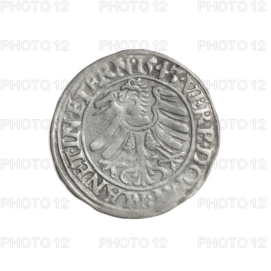 Obverse: Male bust turned right, with beard and sideburns, in a coat with a wide collar; in the rim between pearly borders the inscription '+FRIDERI.DGDVX.SL, LEG.BRE'. Reverse: Silesian eagle; in the rim between pearly borders the inscription 'VERB.DO:MANET.IN.ETERN.I543.' Maker: Michael Stoltz (fl. ca. 1540–1555). Subject/motif: Frederick II, Duke of Brzeg-Legnica (1480–1547); Piast dynasty iconography; busts/portraits of ruler. Date: 1543. Place: Silesia, Duchy of Brzeg-Legnica-Wolów, Legnica. Object: coin; diameter 23.9 mm and 23.0 mm; weight 1.98 g; axis 315°.