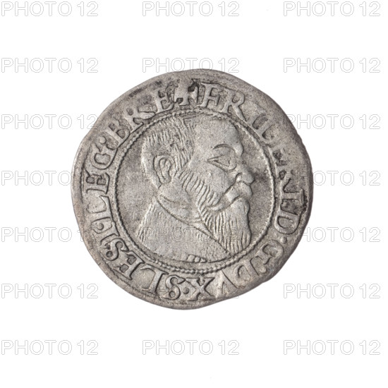 Obverse: Male bust turned right, with a beard and sideburns, wearing a coat with a wide collar; in the rim between pearly borders the inscription '+FRIDERI.DGDVX.SLESI.LEG.BRE'. Reverse: Silesian eagle; in the rim between pearly borders the inscription 'VERB.DOMI:MANET.IN., ERN.I543.' Date: 1543. Maker: Stoltz, Michael (fl. ca. 1540–1555). Subject/identification: Frederick II (Duke of Brzeg–Legnica; 1480–1547). Iconography: eagles, Silesian eagle; Piasts (family); busts and portraits of rulers. Function/type: coin. Place: Silesia, Duchy of Brzeg–Legnica–Wolów, Legnica. Dimensions: diameter 23.5 mm; weight 1.83 g; axis 0°.
