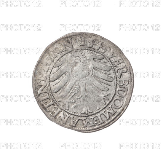 Obverse: Male bust turned right, with a beard and sideburns, wearing a coat with a wide collar; in the rim between pearly borders the inscription +FRIDERI.DGDVX.SLESI.LEG.BRE. Reverse: Silesian eagle; in the rim between pearly borders the inscription VERB.DOMI:MANET.IN., ERN.I543.; date 1543. Maker: Michael Stoltz (fl. ca. 1540–1555). Subject: Frederick II, Duke of Brzeg-Legnica (1480–1547). Iconography: eagles, Silesian eagle, Piast dynasty; bust portrait of the ruler. Object: coin; diameter 23.5 mm; weight 1.83 g; axis 0°. Location: Silesia, Duchy of Brzeg-Legnica-Wolów, Legnica.