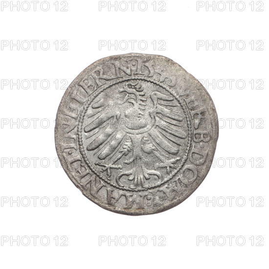 grosz, Stoltz, Michael (fl. ca 1540-1555); Frederick II (Duke of Brzeg-Legnica; 1480–1547); motifs: eagles, Silesian eagle, Piast family; iconography: bust of the ruler turned right, male bust with beard and sideburns, wearing a coat with a wide collar; obverse rim inscription: +FRIDERI.DGDVX.SLESI.L.RE; reverse rim inscription: VERB.DOMI:MANET.IN.ETERN.I543.; date: 1543; region: Silesia, Duchy of Brzeg-Legnica-Wolów, Legnica; object: coin (grosz); diameter 23.0 mm; weight 1.62 g; axis 0°