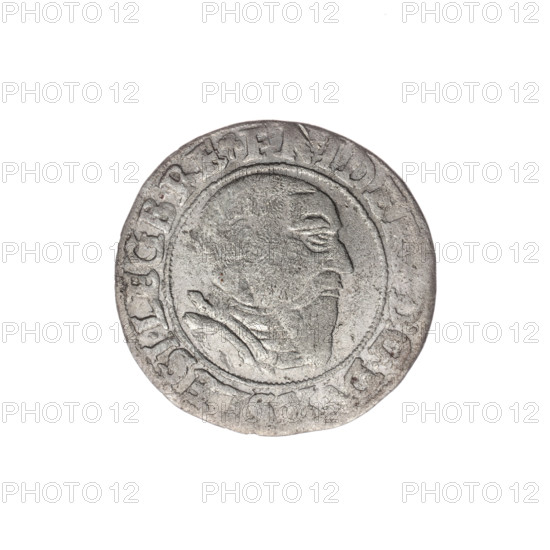 Obv. Male bust in armour turned right with beard and sideburns, in the rim between the pearly borders an inscription beginning with a trefoil FRIDER, D:GD, X.SLESI.LEG BRE. Rv. Silesian eagle, in the rim between the pearly borders an inscription VERB.D, .MANET.IN.ETERN I543:, 1543. Maker: Michael Stoltz (fl. ca. 1540–1555). Subject: Frederick II (Duke of Brzeg-Legnica; 1480–1547). Iconography: eagles, Piast family, Silesian eagle; portraits and busts of the ruler (bust to the right; portrait of the ruler in armor). Place: Silesia, Duchy of Brzeg-Legnica-Wolów, Legnica. Object: coin; diameter 22.0 mm; weight 1.81 g; axis 180 degrees.