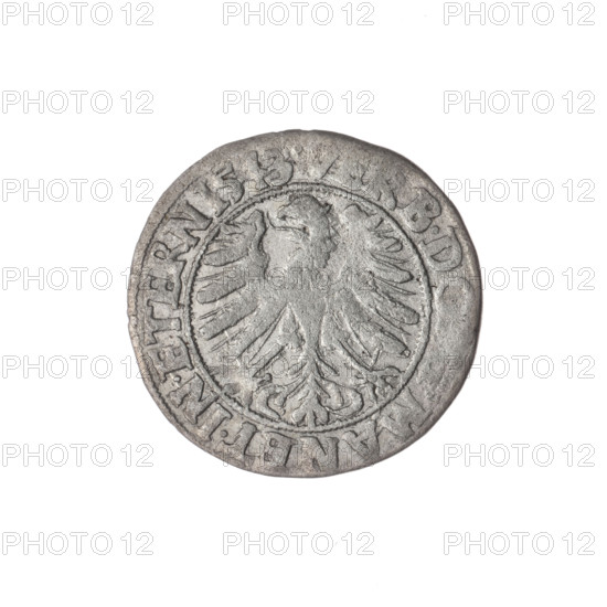Obv. Male bust in armour turned right with beard and sideburns; in the rim between the pearly borders an inscription beginning with a trefoil 'FRIDER, D:GD, X.SLESI.LEG BRE R'. Rev. Silesian eagle; in the rim between the pearly borders an inscription 'VERB.D, .MANET.IN.ETERN I543:'; 1543. Grosz by Michael Stoltz (fl. ca. 1540–1555). Frederick II (Duke of Brzeg-Legnica; 1480–1547). Piast family; Silesian eagle iconography. Bust portrait of ruler in armour, bust to the right. Szymonski, Jan (1887–1954) noted. Silesia, Duchy of Brzeg-Legnica-Wolów, Legnica. Coin; diameter 22.0 mm, weight 1.81 g, axis 180°