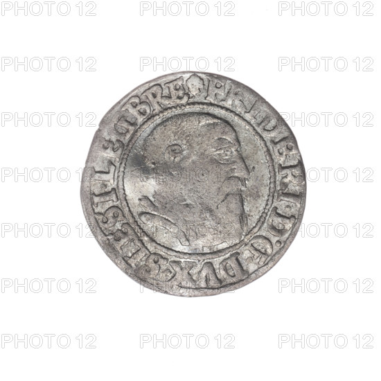 grosz; maker: Stoltz, Michael (fl. ca. 1540–1555); subject: Frederick II (Duke of Brzeg–Legnica; 1480–1547); motifs: eagles, Silesian eagle, Piast family; depiction: male bust in armour turned right with a beard and sideburns (bust of the ruler); inscriptions: obverse rim between pearly borders beginning with a trefoil 'FRIDERI.D:G.DVX.SLESI.LEG BRE', reverse rim between pearly borders 'VERB.DOMI.MANET.IN.ETERN.I543'; date: 1543; region: Silesia, Duchy of Brzeg–Legnica–Wolów, Legnica; object type: coin; diameter: 22.4 mm; weight: 1.84 g; axis: 45°.