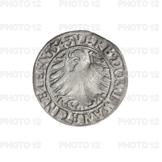 Artist: Michael Stoltz (fl. ca. 1540–1555). Obverse: Male bust of Frederick II, Duke of Brzeg–Legnica (1480–1547), in armour, turned right, with beard and sideburns; in the rim between pearly borders an inscription beginning with a trefoil: 'FRIDERI.D:G.DVX.SLESI.LEG BRE'. Reverse: Silesian eagle; in the rim between pearly borders an inscription 'VERB.DOMI.MANET.IN.ETERN.' Date: 1543. Region: Silesia, Duchy of Brzeg–Legnica–Wolów (Legnica). Object: coin; diameter 22.4 mm; weight 1.84 g; axis 45 degrees. Subjects/themes: Frederick II; Piast family; rulers' busts and portraits; iconography of eagles (Silesian eagle).