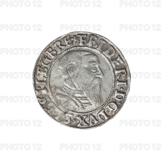 Maker: Michael Stoltz (fl. ca. 1540–1555). Subject: Frederick II, Duke of Brzeg-Legnica (1480–1547). Description: Male bust in armour turned right, with a beard and sideburns. Obverse rim between pearly borders with inscription beginning FRIDERI.D:G.DVX.S...; reverse rim between pearly borders with inscription VERB.DOMI.MANET.IN.ETERN. Date: 1543. Iconography: Silesian eagle; eagles; Piast dynasty. Type: coin. Place: Silesia, Duchy of Brzeg-Legnica-Wolów, Legnica. Dimensions: diameter 22.5 mm; weight 1.72 g; axis 320°.