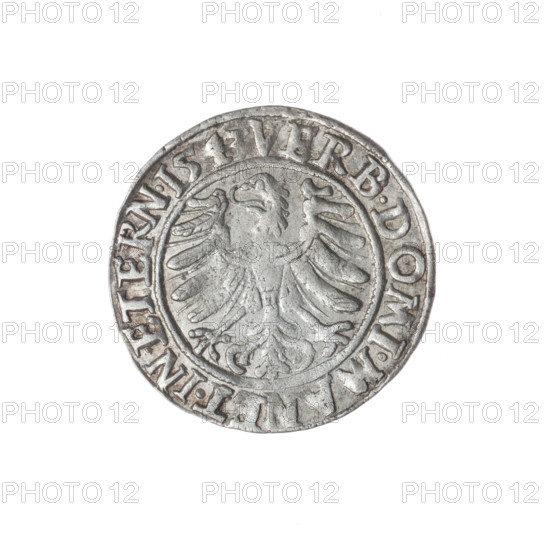 Artist: Michael Stoltz (fl. ca. 1540–1555).  WQXBCFS
I:\nmw crop ready cleaned\Date: 1543.  WQXBCFS
I:\nmw crop ready cleaned\Object: Coin (diameter 22.5 mm; weight 1.72 g; axis 320°).  WQXBCFS
I:\nmw crop ready cleaned\Place: Silesia, Duchy of Brzeg–Legnica–Wolów (Legnica).  WQXBCFS
I:\nmw crop ready cleaned\Obverse: Male bust in armour turned right, with beard and sideburns; in the rim between pearly borders an inscription beginning with a trefoil: 'FRIDERI.D:G.DVX.S...' (Frederick II, Duke of Brzeg–Legnica; 1480–1547).  WQXBCFS
I:\nmw crop ready cleaned\Reverse: Silesian eagle; in the rim between pearly borders an inscription: 'VERB.DOMI.MANET.IN.ETERN.'  WQXBCFS
I:\nmw crop ready cleaned\Subjects/genres: Frederick II (Duke of Brzeg–Legnica), Piast dynasty; portrait/bust of ruler in armour; iconography of eagles.