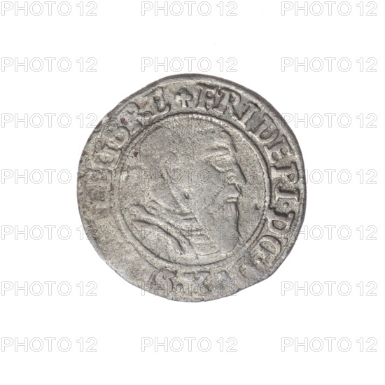 Grosz, Frederick II (Duke of Brzeg-Legnica; 1480–1547); maker: Stoltz, Michael (fl. ca. 1540–1555). Obverse: male bust in armour turned right with a beard and sideburns; in the rim between pearly borders an inscription beginning FRIDERI.D:G.... Reverse: Silesian eagle; in the rim between pearly borders an inscription VER, ET.IN.ETERN. Date: 1543. Iconography: Frederick II, Silesian eagle, Piast dynasty; portraits of rulers, busts of the ruler facing right, portrait of the ruler in armor. Medium: coin; diameter 22.6 mm; weight 1.90 g; axis 45°. Location: Silesia, Duchy of Brzeg-Legnica-Wolów, Legnica.
