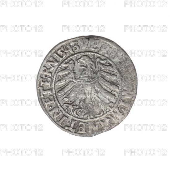 Grosz; Frederick II (Duke of Brzeg-Legnica; 1480–1547); Michael Stoltz (fl. ca. 1540–1555). Silver coin (grosz), 1543. Obverse: male bust of Frederick II in armor, turned right, with beard and sideburns; rim between pearly borders bears inscription beginning with a trefoil 'FRIDERI.D:G., BRE...' Reverse: Silesian eagle; rim inscription 'VER, ET.IN.ETERN'. Iconography: Silesian eagle; portraits and busts of the ruler; Piast dynasty. Minted for the Duchy of Brzeg-Legnica-Wolów (Silesia), Legnica. Diameter 22.6 mm; weight 1.90 g; axis 45°.