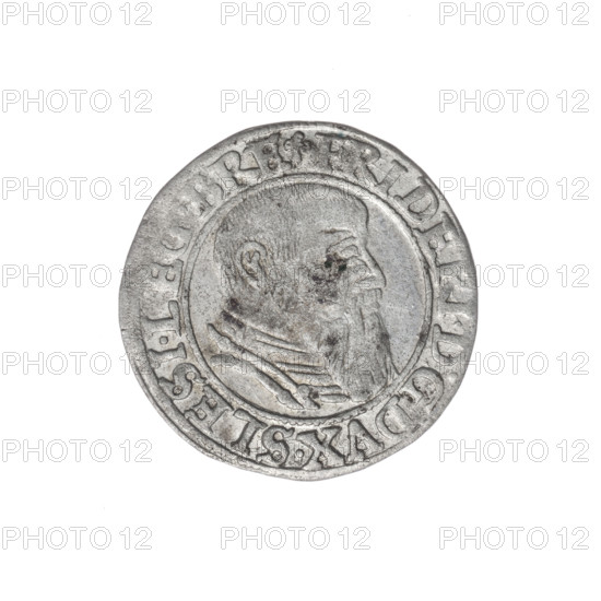 Artist: Michael Stoltz (fl. ca. 1540–1555). Subject: Frederick II, Duke of Brzeg–Legnica (1480–1547). Obverse: male bust in armor turned right with beard and sideburns; in rim between pearly borders an inscription beginning with a trefoil 'FRIDERI.D:G.DVX.SLESI.LEG.BRE'. Reverse: Silesian eagle; in rim between pearly borders an inscription 'VERB.DOMI.MANET.IN.ETERN.I544'. Date: 1544. Iconography: portraits of the ruler in armor, busts of the ruler, Silesian eagle, Piast family. Place: Silesia, Duchy of Brzeg–Legnica–Wolów, Legnica. Object: coin. Diameter: 22.5 mm. Weight: 1.92 g. Axis: 180 degrees.