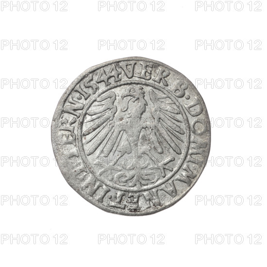 Male bust in armour turned right with a beard and sideburns; obverse rim between pearly borders with inscription beginning FRIDERI.D:G.DVX.SLESI.LEG.BRE. Reverse Silesian eagle; reverse rim between pearly borders with inscription VERB.DOMI.MANET.IN.ETERN. Dated 1544. Maker: Grosz, Stoltz, Michael (fl. ca. 1540–1555). Subject: Frederick II (Duke of Brzeg-Legnica; 1480–1547), Piast dynasty. Iconography: eagles, Silesian eagle; portraits and busts of the ruler, bust facing right. Medium: coin. Diameter 22.5 mm; weight 1.92 g; axis 180 degrees.