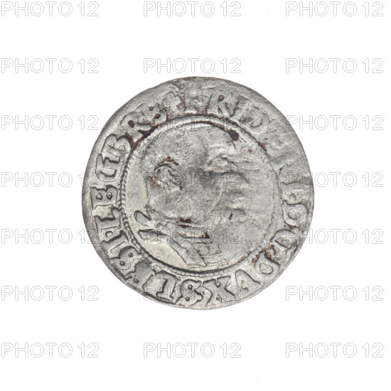 Obverse: Male bust in armour turned right with a beard and sideburns; in the rim between the pearly borders an inscription beginning with a trefoil FRID, IDGDVX.SLESI.LEG BRE Rvse: Silesian eagle; in the rim between the pearly borders an inscription VERB.DOMI.MANET.IN.E RN. Maker: Michael Stoltz (fl. ca. 1540–1555). Subject: Frederick II, Duke of Brzeg-Legnica (1480–1547) — portrait of a ruler in armor; Piast dynasty iconography. Date: 1544. Place: Silesia, Duchy of Brzeg-Legnica-Wolów, Legnica. Object: Coin; diameter 22.5 mm; weight 1.52 g; axis 30°.
