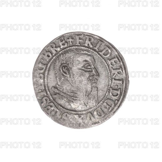 grosz, Stoltz, Michael (fl. ca. 1540-1555); Frederick II (Duke of Brzeg-Legnica; 1480-1547); eagles; Silesian eagle; Piasts (family); Frederick II — iconography; portraits; busts; portraits of rulers; portrait of the ruler in armor; bust of the ruler turned right; Obv. Male bust in armor turned right with a beard and sideburns; in the rim between the pearly borders an inscription beginning with a trefoil FRIDERI.DGDVX.SLESI.LEG.BRE; Rv. Silesian Eagle; in the rim between the pearly borders an inscription VERB.DOMI.MANET.IN.ETERN.I544; 1544; Silesia, Duchy of Brzeg-Legnica-Wolów, Legnica; coin; diameter 22.6 mm; weight 2.16 g; axis 180 degrees