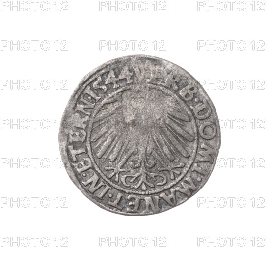 grosz, Stoltz, Michael (fl. ca 1540-1555), Frederick II (Duke of Brzeg-Legnica; 1480-1547), eagles, Silesian eagle, Piasts (family), Frederick II (Duke of Brzeg-Legnica; 1480-1547) - iconography, portraits, busts, portraits of rulers, portraits of the ruler in armor, busts of the ruler, busts of the ruler to the right, Obv. Male bust in armor turned right with a beard and sideburns, in the rim between the pearly borders an inscription beginning with a trefoil FRIDERI.DGDVX.SLESI.LEG.BRE Rv. Silesian Eagle, in the rim between the pearly borders an inscription VERB.DOMI.MANET.IN.ETERN.I544, 1544, Silesia, Duchy of Brzeg-Legnica-Wolów, Legnica, coin, diameter 22.6 mm, weight 2.16 g, axis 180 degrees
