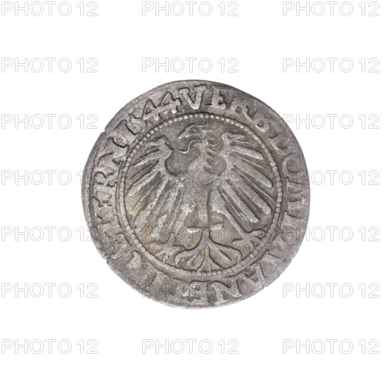 groschen, Stoltz, Michael (fl. ca. 1540-1555), Frederick II (Duke of Brzeg-Legnica; 1480-1547), eagles, Frederick II - iconography, Piasts (family), Silesian eagle, busts, busts of the ruler, portraits, portraits of rulers, busts of the ruler to the right, portraits of the ruler in armor, Obv. Male bust in armour turned right with beard and sideburns, in the rim between the pearly borders an inscription beginning with a trefoil FRIDERI.D:GD, LESI.LEG.BRE. Rv. Silesian eagle, in the rim between the pearly borders an inscription VERB.DOMI.MANET., TERN.1544, 1544, Silesia, Duchy of Brzeg-Legnica-Wolów, Legnica, coin, diameter 22.4 mm, weight 1.92 g, axis 315 degrees