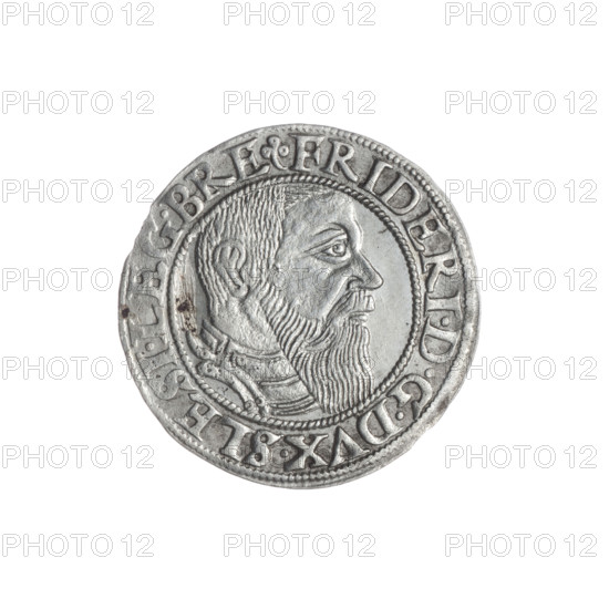 Obv. Male bust in armour turned right with beard and sideburns; in the rim between the pearly borders an inscription beginning with a trefoil FRIDERI.D:G.DVX.SLESI.LEG.BRE. Rv. Silesian eagle; in the rim between the pearly borders an inscription VERB.DOMI.MANET.IN.ETERN. I544. 1544. Silver grosz by Michael Stoltz (fl. ca. 1540–1555) depicting Frederick II (Duke of Brzeg–Legnica; 1480–1547). Iconography: eagles, Silesian eagle; Piast dynasty; bust of the ruler to the right; portrait of the ruler in armour. Silesia, Duchy of Brzeg–Legnica–Wolów, Legnica. Coin; diameter 22.6 mm; weight 2.25 g; axis 135°.