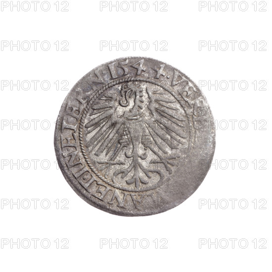 Obv. Male bust in armor turned right with beard and sideburns; in the rim between the pearly borders an inscription beginning with a trefoil FRIDE, DVX.SLESI.LEG.BRE. Reverse: Silesian eagle; in the rim between the pearly borders an inscription VERB, MANET.IN.ETERN. Dated 1544. Grosz by Michael Stoltz (fl. ca. 1540–1555), depicting Frederick II (Duke of Brzeg-Legnica; 1480–1547); iconography: bust of the ruler to the right, portrait of the ruler in armor; Silesian eagle; Piast dynasty. Silesia, Duchy of Brzeg-Legnica-Wolów, Legnica. Coin; diameter 22.6 mm; weight 2.01 g; axis 100°.