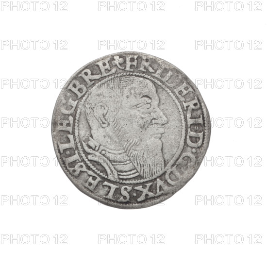grosz, Stoltz, Michael (fl. ca. 1540–1555); Frederick II (Duke of Brzeg-Legnica; 1480–1547) — male bust in armour turned right with beard and sideburns; Silesian eagle; Piast family; portraits of rulers; portraits of the ruler in armor; busts of the ruler facing right. Obverse: male bust in armour turned right; in rim between pearly borders an inscription beginning with a trefoil FRIDERI.D:G.DVX.SLESI.LEG.BRE. Reverse: Silesian eagle; in rim between pearly borders an inscription VERB.DOMI.MANET.IN.ETERN. Dated 1544. Silesia, Duchy of Brzeg-Legnica-Wolów, Legnica. Coin; diameter 22.2 mm; weight 1.95 g; axis 260°.