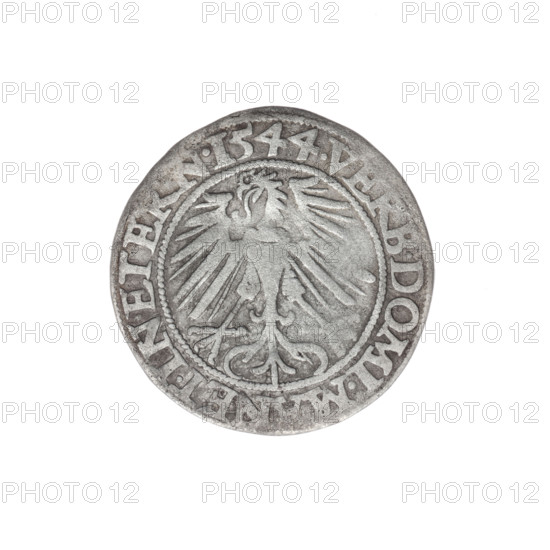 Obverse: Male bust in armour turned right with a beard and sideburns; in the rim between the pearly borders an inscription beginning with a trefoil FRIDERI.D:G.DVX.SLESI.LEG.BRE. Reverse: Silesian eagle; in the rim between the pearly borders an inscription VERB.DOMI.MANET.IN.ETERN.I544. Maker: grosz, Stoltz, Michael (fl. ca. 1540–1555). Subject: Frederick II (Duke of Brzeg–Legnica; 1480–1547). Iconography: portraits, busts of the ruler facing right, portraits of rulers, portraits of the ruler in armor; Piast family; Silesian eagle. Date: 1544. Place: Silesia, Duchy of Brzeg–Legnica–Wolów, Legnica. Object: coin; diameter 22.2 mm; weight 1.95 g; axis 260°.