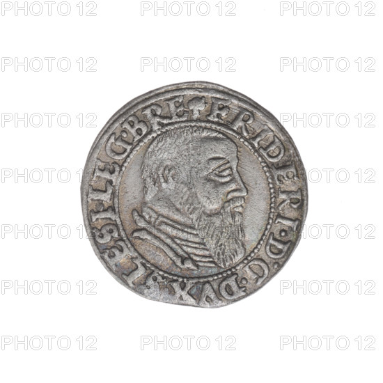 Male bust in armour turned right with a beard and sideburns; obverse rim between pearly borders with inscription beginning FRIDERI.D:G.DVX.SLESI.LEG.BRE. Reverse Silesian eagle; reverse rim between pearly borders with inscription VERB.DOMI.MANET.IN.ETERN.I544. 1544. Maker: Michael Stoltz (fl. ca. 1540–1555). Subject: Frederick II, Duke of Brzeg-Legnica (1480–1547), Piast dynasty iconography. Portrait/bust of the ruler in armour, bust turned right. Coin (Silesia, Duchy of Brzeg-Legnica-Wolów, Legnica), diameter 22.5 mm, weight 1.85 g, axis 60°.