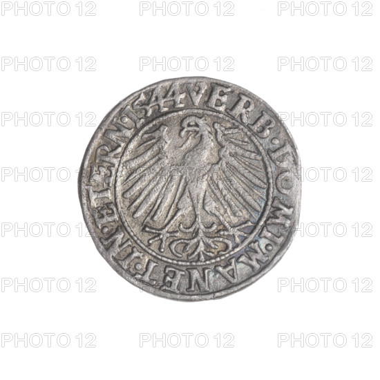 Obverse: Male bust in armour turned right with a beard and sideburns; in the rim between the pearly borders an inscription beginning with a trefoil FRIDERI.D:G.DVX.SLESI.LEG.BRE. Reverse: Silesian eagle; in the rim between the pearly borders an inscription VERB.DOMI.MANET.IN.ETERN.I544. Inscribed maker: Stoltz, Michael (fl. ca. 1540–1555). Subject: Frederick II, Duke of Brzeg–Legnica (1480–1547) — bust/portrait of the ruler in armor; Piast family. Date: 1544. Type: coin (diameter 22.5 mm, weight 1.85 g, axis 60°). Style/iconography: busts of the ruler, portraits of rulers, Silesian eagle.