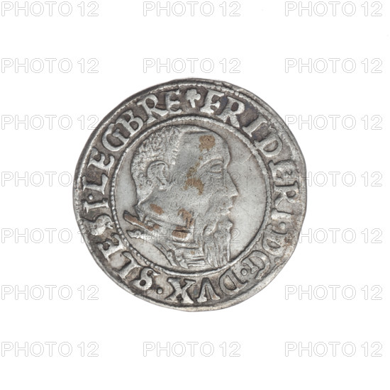 Male bust in armour turned right with a beard and sideburns; obverse rim between pearly borders bears inscription beginning with a trefoil 'FRIDERI.D:G.DVX.SLESI.LEG.BRE'. Reverse: Silesian eagle; rim between pearly borders inscription 'VERB.DOMI.MANET.IN.ETERN'. Maker: Michael Stoltz (fl. ca. 1540–1555). Subject: Frederick II, Duke of Brzeg-Legnica (1480–1547). Iconography: eagles, Piasts (family), Silesian eagle, portraits of rulers, portraits of the ruler in armor, bust to the right. Date: 1544. Place: Silesia, Duchy of Brzeg-Legnica-Wolów, Legnica. Object: coin. Diameter: 22.6 mm. Weight: 2.08 g. Axis: 140°.