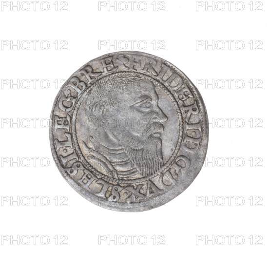 Male bust in armour turned right, with a beard and sideburns; rim between pearly borders with inscription beginning FRIDERI.DGDVX.SLESI.LEG.BRE (obv). Reverse: Silesian eagle; rim between pearly borders with inscription VERB.DOMI:MANET.IN.ETERN.I544. 1544. Frederick II (Duke of Brzeg-Legnica; 1480–1547) — Piast iconography; bust/portrait of ruler in armour, bust to the right. Silesia, Duchy of Brzeg-Legnica-Wolów, Legnica. Coin; diameter 22.8 mm, weight 2.10 g, axis 45°. Maker: Michael Stoltz (fl. ca. 1540–1555).
