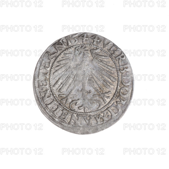 Obverse: Male bust in armour turned right, with a beard and sideburns; in the rim between pearly borders an inscription beginning with a trefoil 'FRIDERI.DGDVX.SLESI.LEG.BRE'. Reverse: Silesian eagle; in the rim between pearly borders an inscription 'VERB.DOMI:MANET.IN.ETERN.I544.' 1544. Maker: Michael Stoltz (fl. ca. 1540–1555). Subject: Frederick II, Duke of Brzeg–Legnica (1480–1547), Piast dynasty iconography. Coin; diameter 22.8 mm; weight 2.10 g; axis 45°. Style: Silesian.