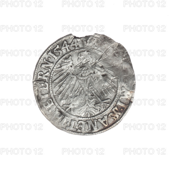 Obverse: Male bust in armour turned right with beard and sideburns; in the rim between pearly borders an inscription beginning with a trefoil FRIDERI.D G.DVX.SLE. Reverse: Silesian eagle; in the rim between pearly borders an inscription MI.MANET.I .ETERN.I 1544. Maker: Stoltz, Michael (fl. ca. 1540–1555). Subject: Frederick II (Duke of Brzeg–Legnica; 1480–1547). Iconography: Piasts (family), eagles, busts, portraits of rulers; bust of the ruler in armor turned to the right. Date/place: 1544, Silesia, Duchy of Brzeg–Legnica–Wolów, Legnica. Medium/object: coin; diameter 23.3 mm; weight 1.97 g; axis 40°.