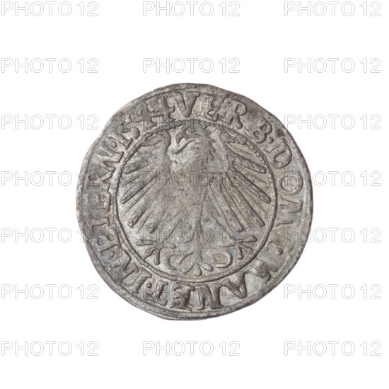 grosz, Frederick II (Duke of Brzeg-Legnica; 1480-1547), Stoltz, Michael (fl. ca 1540-1555), Frederick II (Duke of Brzeg-Legnica; 1480-1547), Silesian eagle, eagles, Piasts (family), Frederick II (Duke of Brzeg-Legnica; 1480-1547) - iconography, busts, portraits, busts of the ruler, portraits of the ruler in armor, busts of the ruler facing right, portraits of rulers. Obverse: male bust in armour turned right with beard and sideburns; in the rim between the pearly borders an inscription beginning with a trefoil FRIDERI.D:G.DVX.SLESI.LEG.BRE. Reverse: Silesian eagle; in the rim between the pearly borders an inscription VERB.DOMI.MANET.IN.ETERN.I544. 1544. Silesia, Duchy of Brzeg-Legnica-Wolów, Legnica. Coin; diameter 22.6 mm; weight 1.68 g; axis 40 degrees.
