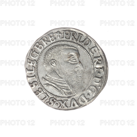 Obv. Male bust in armour turned right with beard and sideburns, in the rim between the pearly borders an inscription beginning with a trefoil FRIDERI.DGDVX.SLESI.LEG BRE. Rw. Silesian Eagle, in the rim between the pearly borders an inscription VERB.DOMI.MANET.IN.ETERN. 1544. Maker: grosz, Stoltz, Michael (fl. ca. 1540–1555). Subject: Frederick II (Duke of Brzeg-Legnica; 1480–1547) — iconography includes eagles, Silesian eagle, Piasts (family); bust/portrait of the ruler in armor, bust of the ruler to the right. Date: 1544. Place: Silesia, Duchy of Brzeg-Legnica-Wolów, Legnica. Medium: coin; diameter 22.4 mm, weight 1.87 g, axis 90 degrees.