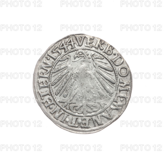 Obv.: Male bust in armour turned right with beard and sideburns; in the rim between the pearly borders an inscription beginning with a trefoil FRIDERI.DGDVX.SLESI.LEG BRE. Rev.: Silesian eagle; in the rim between the pearly borders an inscription VERB.DOMI.MANET.IN.ETERN. Date: 1544. Maker: Michael Stoltz (fl. ca. 1540–1555). Subject: Frederick II, Duke of Brzeg-Legnica (1480–1547) — portrait/bust of the ruler in armour; Piast dynasty iconography. Type: coin. Place: Silesia, Duchy of Brzeg-Legnica-Wolów, Legnica. Material/format: coin, diameter 22.4 mm, weight 1.87 g, axis 90°.