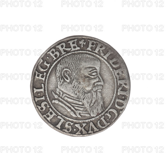 Male bust in armour turned right with beard and sideburns; in the rim between the pearly borders an inscription beginning with a trefoil 'FRIDERI.D:G.DVX.SLESI.LEG.BRE'. Reverse: Silesian eagle; in the rim between the pearly borders an inscription 'VERB.DOMI.MANET.IN.ETERN.I544'. 1544. Grosz by Michael Stoltz (fl. ca.1540–1555) depicting Frederick II (Duke of Brzeg-Legnica; 1480–1547) — iconography: Silesian eagle, Piasts; bust/portrait of the ruler in armour, bust to the right. Silesia, Duchy of Brzeg-Legnica-Wolów, Legnica. Coin, diameter 22.5 mm, weight 2.01 g, axis 40°.