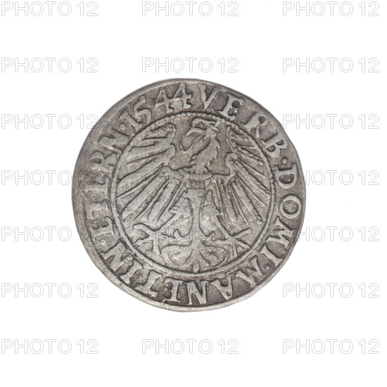 Obv. Male bust in armour turned right with beard and sideburns; in the rim between the pearly borders an inscription beginning with a trefoil FRIDERI.D:G.DVX.SLESI.LEG.BRE. Rv. Silesian eagle; in the rim between the pearly borders an inscription VERB.DOMI.MANET.IN.ETERN.I544. 1544. Maker: Michael Stoltz (fl. ca. 1540–1555). Subject: Frederick II, Duke of Brzeg-Legnica (1480–1547) — bust/portrait of the ruler in armor, bust to the right; iconography includes Silesian eagle, Piast family. Coin; diameter 22.5 mm; weight 2.01 g; axis 40°.