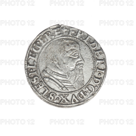 Obverse: Male bust in armour turned right with a beard and sideburns; in the rim between the pearly borders an inscription beginning with a trefoil: 'FRIDERI.D:G.DVX.SLESI.LEG.BRE'. Reverse: Silesian eagle; in the rim between the pearly borders an inscription: 'VERB.DOMI.MANET.IN.ETERNI.544.' Maker: Michael Stoltz (fl. ca. 1540–1555). Subject/maker: Frederick II, Duke of Brzeg-Legnica (1480–1547); iconography: busts/portraits of the ruler, ruler in armor, Piast dynasty. Date: 1544. Place: Silesia, Duchy of Brzeg-Legnica-Wolów, Legnica. Object: coin — diameter 22.7 mm, weight 1.72 g, axis 20°.