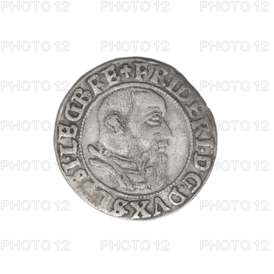 Male bust in armour turned right with a beard and sideburns; in rim between pearly borders an inscription beginning with a trefoil 'FRIDERI.D:G.DVX.SL, SI.LEG.BRE' and on reverse 'V, RB.DOMI.MANET.IN.ETERN.I544'; obverse: bust of Frederick II (Duke of Brzeg-Legnica; 1480–1547); Silesian eagle on reverse; iconography: portraits of rulers, busts of the ruler to the right, portraits of the ruler in armor; Piast family; maker Michael Stoltz (fl. ca. 1540–1555); date 1544; Silesia, Duchy of Brzeg-Legnica-Wolów, Legnica; coin; diameter 22.2 mm; weight 2.08 g; axis 100°.