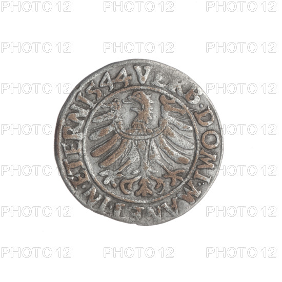 Male bust in armour turned right with a beard and sideburns; in the rim between the pearly borders an inscription beginning with a trefoil 'FRIDERI.D:G.DVX.SL, SI.LEG.BRE' and on reverse an inscription 'V, RB.DOMI.MANET.IN.ETERN.I544' (1544). Michael Stoltz (fl. ca. 1540–1555); Frederick II (Duke of Brzeg–Legnica; 1480–1547) depicted; Silesian eagle; Piasts (family); iconography: portraits of rulers, busts of the ruler to the right, portraits of the ruler in armor. Coin; diameter 22.2 mm; weight 2.08 g; axis 100°. Silesia, Duchy of Brzeg–Legnica–Wolów, Legnica.