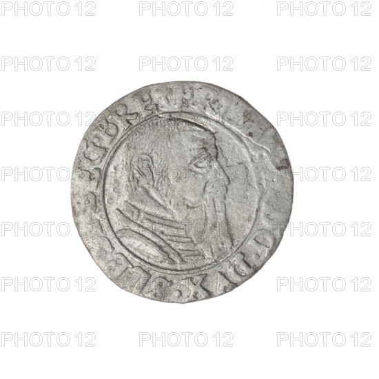 Male bust in armour turned right with a beard and sideburns; in the rim between the pearly borders an inscription beginning with a trefoil, G.DVX.SLE, G.BRE Rw.; Silesian eagle; in the rim between the pearly borders an inscription V .DOMI.MANE, ERN.I544; date 1544; maker Michael Stoltz (fl. ca. 1540–1555); subject Frederick II, Duke of Brzeg-Legnica (1480–1547); Piast dynasty iconography; busts and portraits of the ruler in armour, bust turned right; Silesia, Duchy of Brzeg-Legnica-Wolów, Legnica; coin, diameter 21.8 mm, weight 1.85 g, axis 45°.