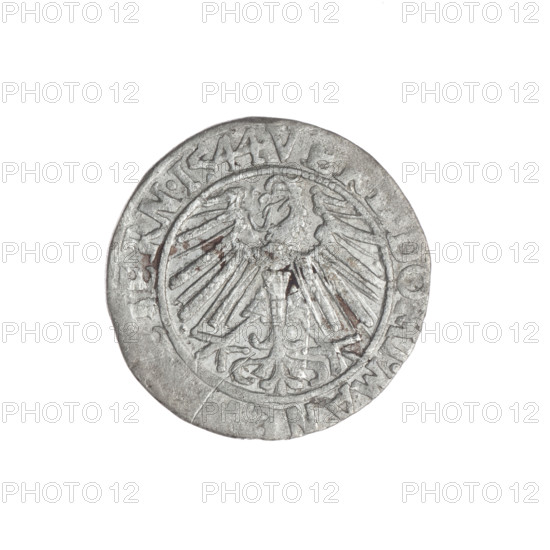 Male bust in armor turned right with beard and sideburns; in rim between pearly borders an inscription beginning with a trefoil: G.DVX.SLE, G.BRE … V.DOMI.MANE, ERN.I544 (1544). Silesian eagle; iconography of Frederick II, Duke of Brzeg-Legnica (1480–1547); Piast family; busts and portraits of the ruler in armor, bust to the right. Coin, diameter 21.8 mm, weight 1.85 g, axis 45°.