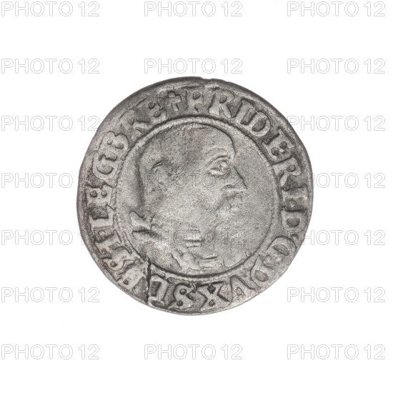 Artist: Michael Stoltz (fl. ca. 1540–1555). Object: coin (grosz), 1544. Obverse: male bust in armour turned right with a beard and sideburns; rim between pearly borders with inscription beginning FRIDERI.D:G.DVX SLESI.LEG BRE. Subject identified as Frederick II (Duke of Brzeg–Legnica; 1480–1547). Reverse: Silesian eagle; rim inscription VERB.DOMI.MANET.IN.ETERN.I544. Iconography: portraits, busts of the ruler, ruler in armour; eagles; Piasts family; Silesian eagle. Place: Silesia, Duchy of Brzeg–Legnica–Wolów, Legnica. Dimensions: diameter 22.5 mm; weight 1.70 g; axis 135°.