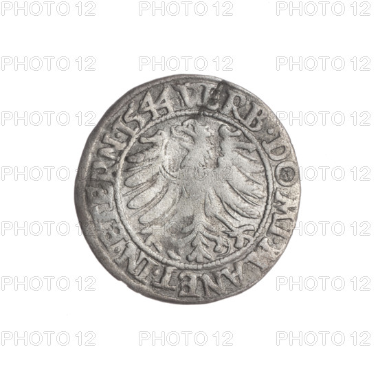 Artist: Michael Stoltz (fl. ca. 1540–1555). Obverse: Male bust in armour turned right with beard and sideburns; rim between pearly borders bears inscription beginning with a trefoil 'FRIDERI.D:G.DVX SLESI.LEG BRE'. Reverse: Silesian eagle; rim between pearly borders bears inscription 'VERB.DOMI.MANET.IN.ETERN.I544'. Subject: Frederick II, Duke of Brzeg–Legnica (1480–1547). Iconography: portraits, busts of the ruler, ruler in armor, Piasts family, Silesian eagle. Date: 1544. Place: Silesia, Duchy of Brzeg–Legnica–Wolów, Legnica. Object: coin; diameter 22.5 mm; weight 1.70 g; axis 135°.