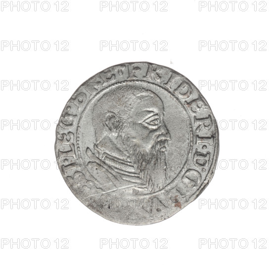 grosz; Stoltz, Michael (fl. ca. 1540–1555); Frederick II (Duke of Brzeg-Legnica; 1480–1547); subject: male bust of the ruler in armour, turned right, with beard and sideburns; iconography: eagles, Silesian eagle; Piast family; inscriptions in rim between pearly borders beginning with a trefoil 'FRIDERI.DG, I.LEG.BRE' and 'VERB.DOMI.MAN'; date: 1544; mintmark RN.I544; material/function: coin (grosz); diameter 22.4 mm; weight 1.76 g; axis 310°; provenance: Silesia, Duchy of Brzeg-Legnica-Wolów, Legnica.