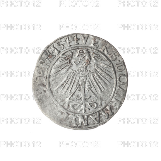 Artist: Stoltz, Michael (fl. ca. 1540–1555). Object: grosz (coin), 1544. Obverse: male bust in armour turned right with beard and sideburns; rim between pearly borders bears inscription beginning with a trefoil 'FRIDERI.DG, I.LEG.BRE'. Reverse: Silesian eagle; rim between pearly borders bears inscription 'VERB.DOMI.MAN, RN'. Subject/identification: Frederick II, Duke of Brzeg-Legnica (1480–1547); Piast dynasty; iconography includes bust of the ruler to the right and portrait of the ruler in armor. Place: Silesia, Duchy of Brzeg-Legnica-Wolów, Legnica. Physical: diameter 22.4 mm; weight 1.76 g; axis 310°.