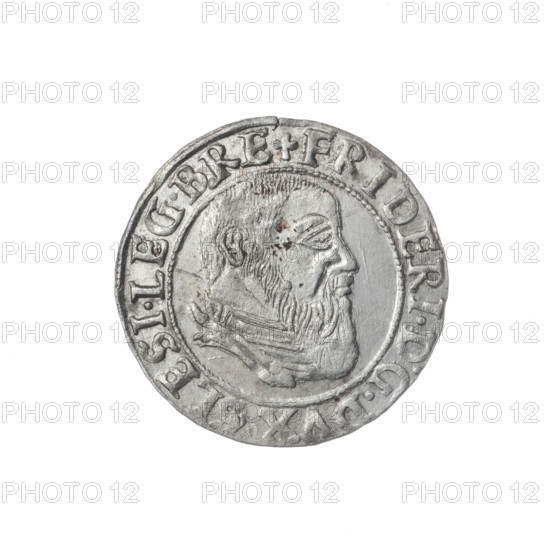 Obverse: Male bust in armour turned right with a beard and sideburns; in the rim between the pearly borders an inscription beginning with a trefoil FRIDERI.DGDVX.SLESI.LEG.BRE. Reverse: Silesian eagle; in the rim between the pearly borders an inscription VERB.DOMI.MANET.IN.ETERN.I.5.4.4. Coin dated 1544. Maker attributed: Michael Stoltz (fl. ca. 1540–1555). Subject: Frederick II, Duke of Brzeg–Legnica (1480–1547); iconography includes portraits of rulers, portrait of the ruler in armor, bust facing right. Material/format: coin; diameter 22.3 mm; weight 1.81 g; axis 20°. Region: Silesia, Duchy of Brzeg–Legnica–Wolów, Legnica.