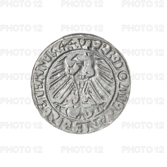 Aw. Male bust in armour turned right with a beard and sideburns; in the rim between the pearly borders an inscription beginning with a trefoil 'FRIDERI.DGDVX.SLESI.LEG.BRE'. Rv. Silesian eagle; in the rim between the pearly borders an inscription 'VERB.DOMI.MANET.IN.ETERN.I.5.4.4.' Dated 1544. Maker: Michael Grosz (fl. ca. 1540–1555). Depicts Frederick II, Duke of Brzeg-Legnica (1480–1547); iconography includes portraits of rulers, portraits of the ruler in armor, busts of the ruler facing right. Materials/function: coin. Silesia, Duchy of Brzeg-Legnica-Wolów, Legnica. Diameter 22.3 mm; weight 1.81 g; axis 20°.